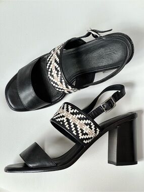 Frye Amy Woven Black Multi Leather Sandals Open Toe High Heel Women’s Size 7.5 M